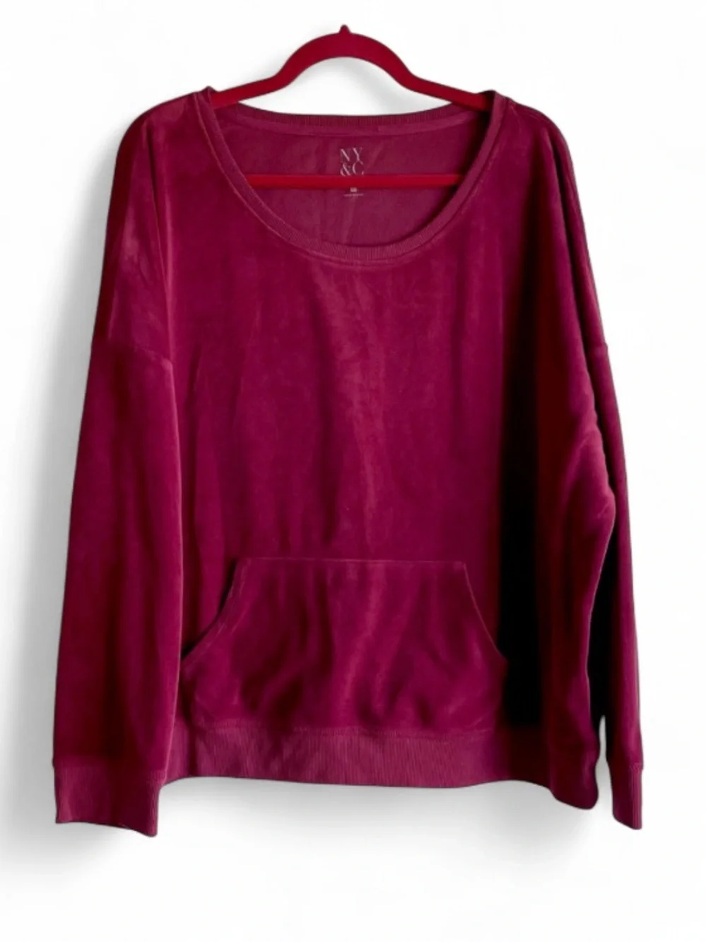 New York & Company Burgundy Scoop Neck Velour Pocket Sweatshirt Size XXL